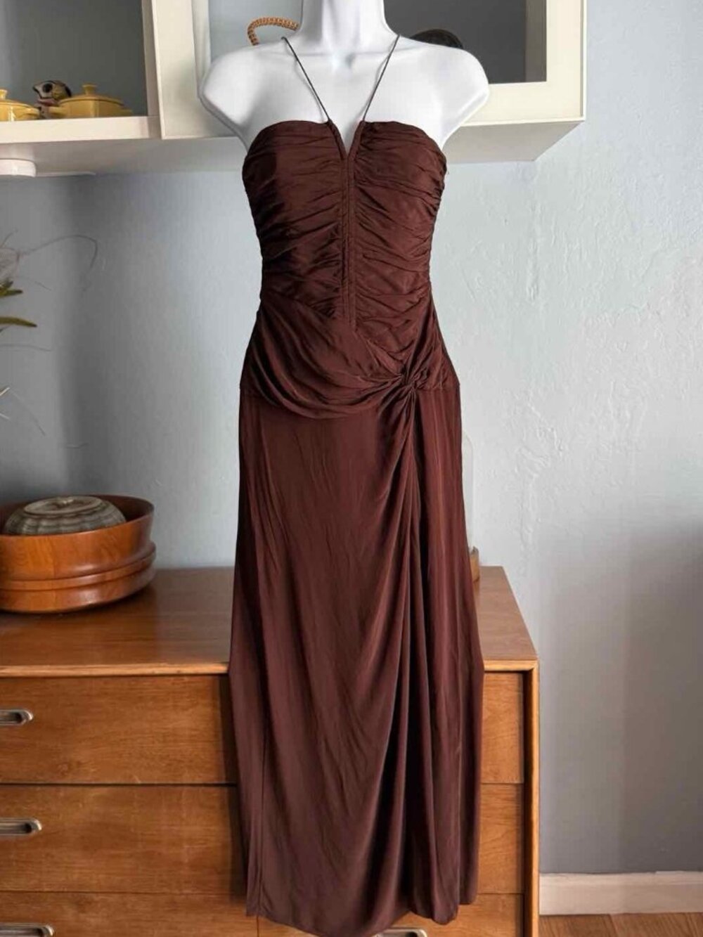 La Ligne New York Brown Silk Chiffon Ruched Draped Dress Shirred Back S